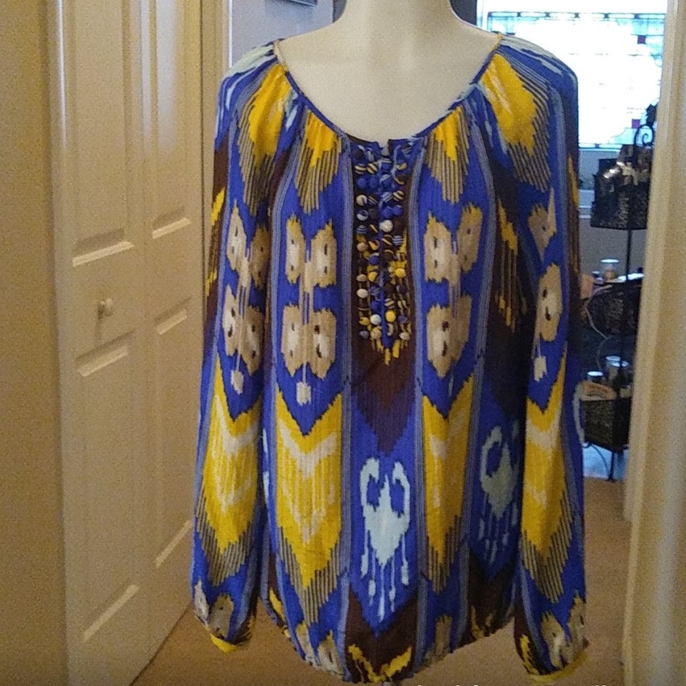 Beautiful Tory Burch blue yellow  Print Silk tunic Blouse size 12